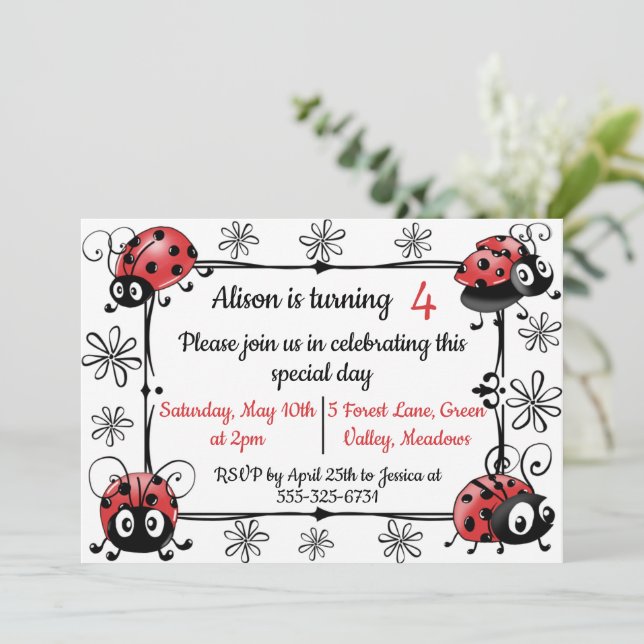 Invitation Ladybugues Fantaisistes Anniversaire (Debout devant)