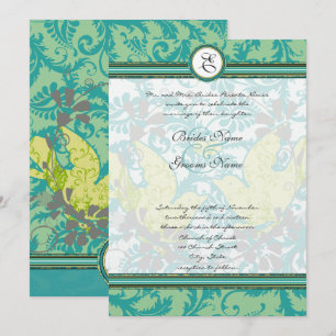 Invitation Lagune Endive Oiseaux Vintage Damassé Gris Mariage