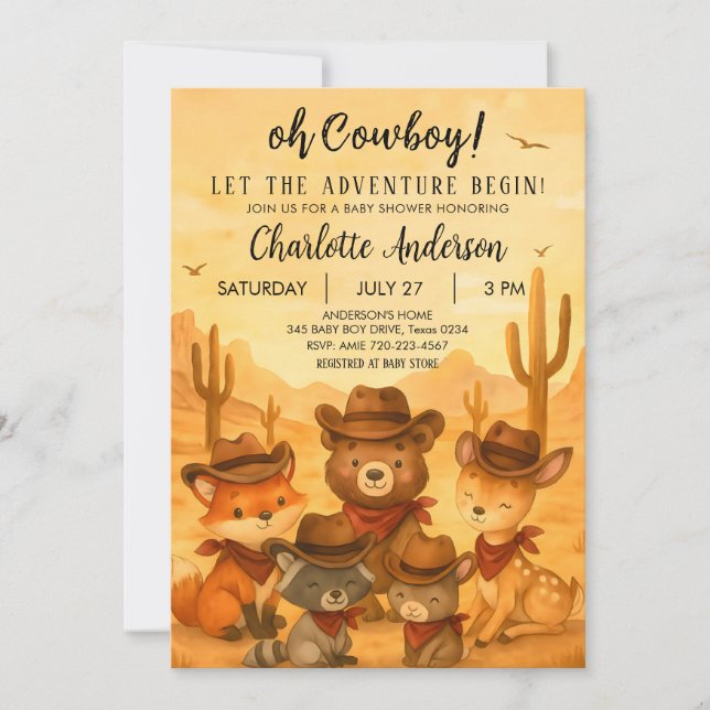 Invitation Laissez l'aventure commencer Cowboy Baby shower Bo (Devant)