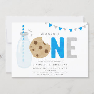 Invitation Lait bleu et biscuits Premier anniversaire Minimal