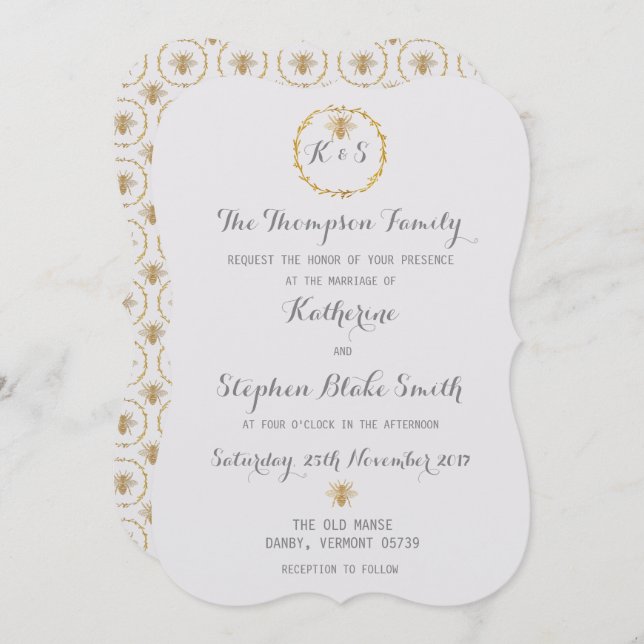 Invitation Lait de coco Blanc Or huile d'olive Abeilles d'or  (Devant / Derrière)