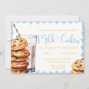 Invitation Lait et biscuit Anniversaire Bleu Plaid Boy 1er An