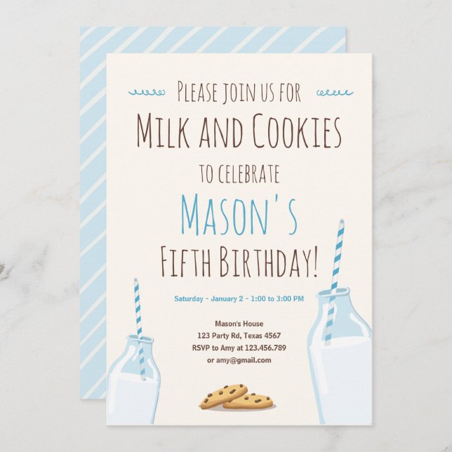 Invitation Lait et biscuits Blue Boy Fête d'anniversaire (Devant / Derrière)
