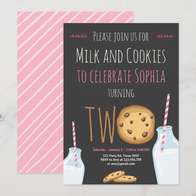 Invitation Lait et biscuits Fille rose Deuxième anniversaire (Devant / Derrière)