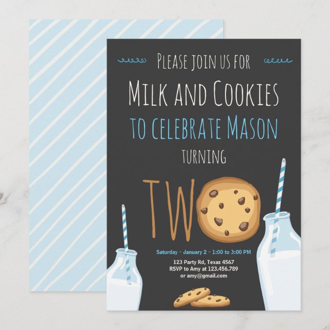 Invitation Lait et biscuits Garçon Bleu Deuxième anniversaire (Devant / Derrière)
