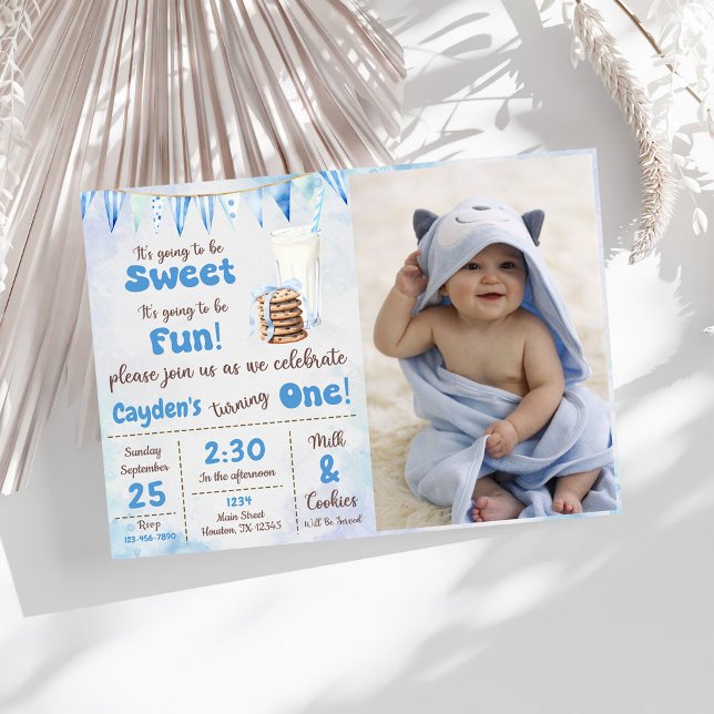 Invitation Lait Et Cookies Photo Du Garçon Premier Anniversai (Créateur téléchargé)
