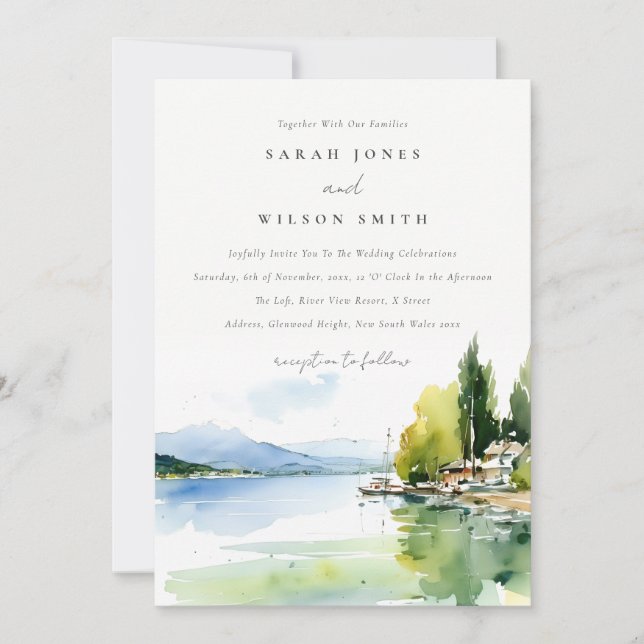 Invitation Lake Geneva Switzerland Watercolor Scape Wedding (Devant)