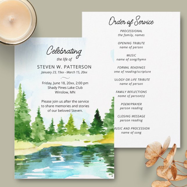 Invitation Lake Pine Trees, Funeral Memorial Program (Créateur téléchargé)