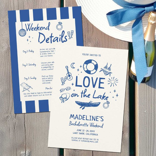 Invitation Lakehouse Bachelorette Party Love Lake Blue Stripe (lakehouse bachelorette party weekend invitation love on the lake lakeside bride hand drawn blue)