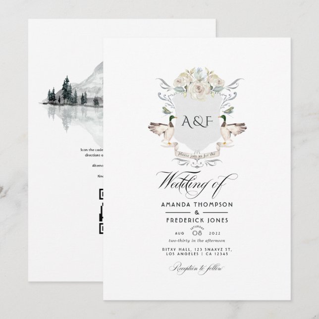 Invitation Lakeside Monogram Crest QR Code RSVP Mariage (Devant / Derrière)