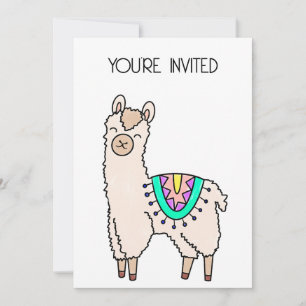 Invitation lama alpaga de dessin animé souriant heureux