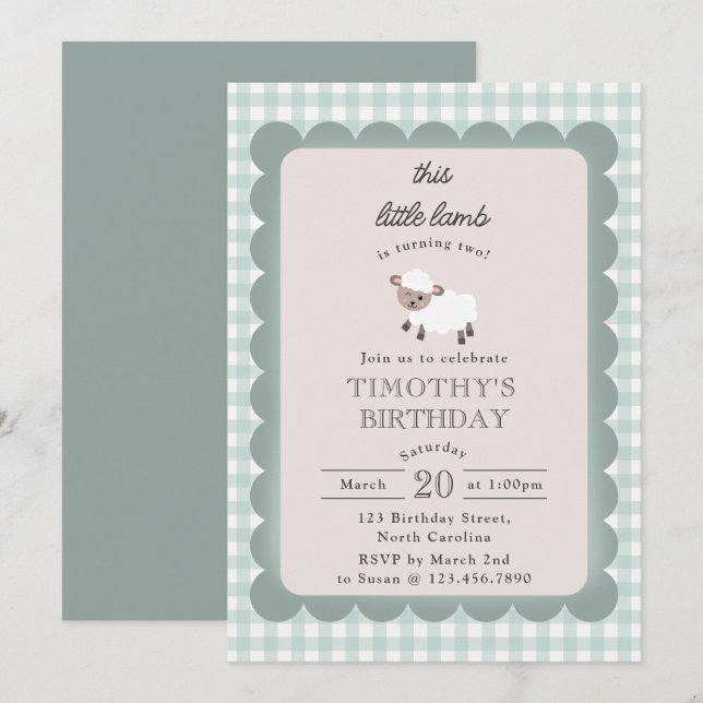 Invitation Lamb Farm Party Animals Boys 1st Birthday Blue (Devant / Derrière)