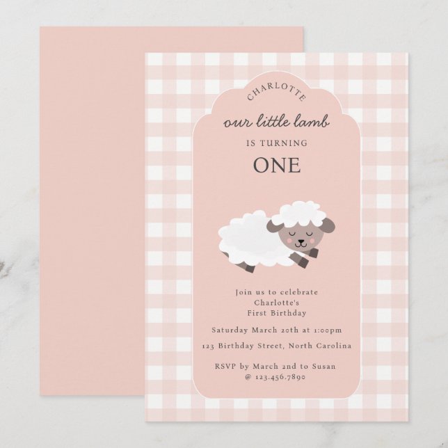 Invitation Lamb Farm Party Animals Girls 1st Birthday Girl (Devant / Derrière)