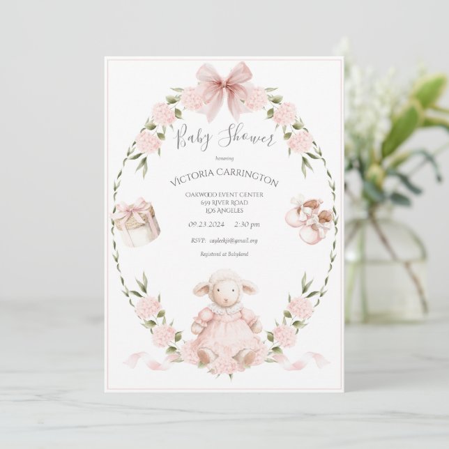 Invitation Lamb Floral Hydrangeas Pink Girl Baby Shower (Debout devant)