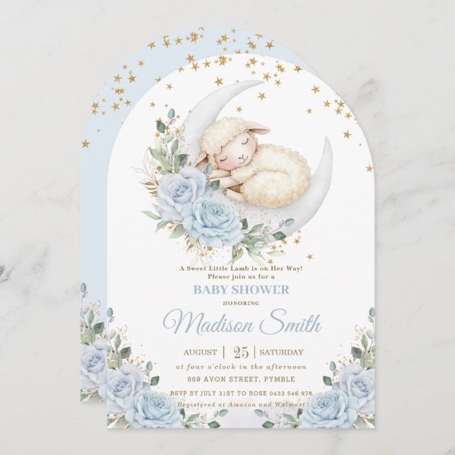 Invitation Lambe douce Lune Bleu Floral Boy Baby shower Arch (Devant / Derrière)