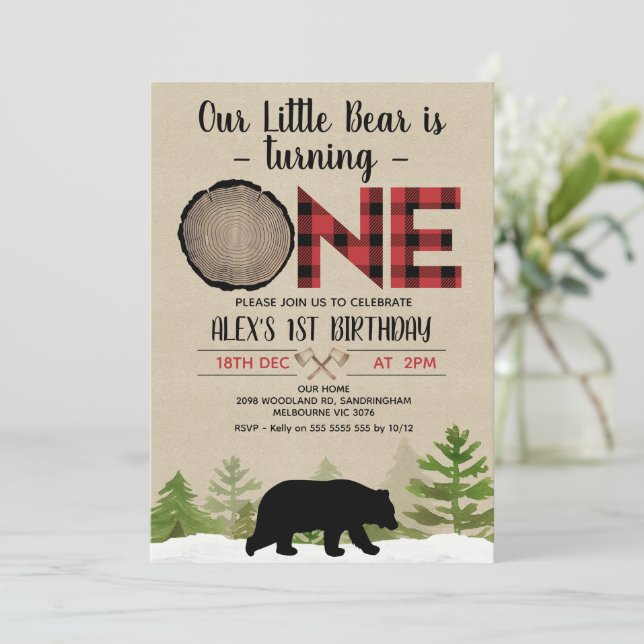 Invitation Lamberjack Buffalo Plaid Little Bear 1er anniversa (Debout devant)