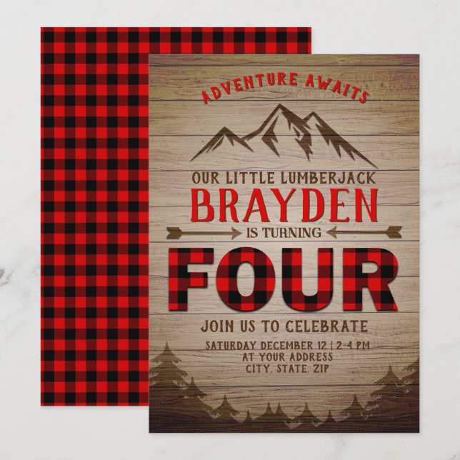 Invitation Lamberjack Buffalo Plaid Outdoor Quatrième anniver (Devant / Derrière)