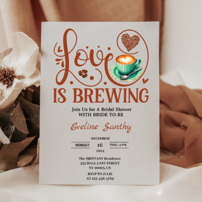 Invitation L'amour brasse Cappuccino Fête des mariées cardiaq (love is brewing coffee theme wedding bridal shower heart bean brown greenery cup chic elegant simple)