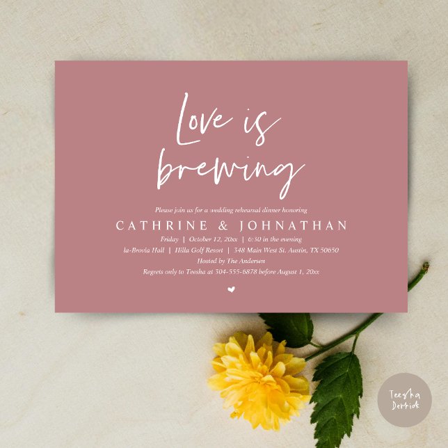 Invitation L'amour brasse, Dîner de répétition Mariage Invita (Love is Brewing, Wedding Rehearsal Invitation Card, pdf, Beer Wine Party, in Dusty Rose Pink)