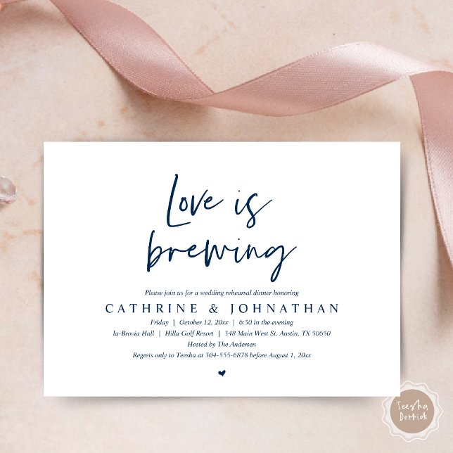 Invitation L'amour brasse, Dîner de répétition Mariage Invita (Love is Brewing, Wedding Rehearsal Invitation Card, pdf, Beer Wine Party, in Navy Blue)