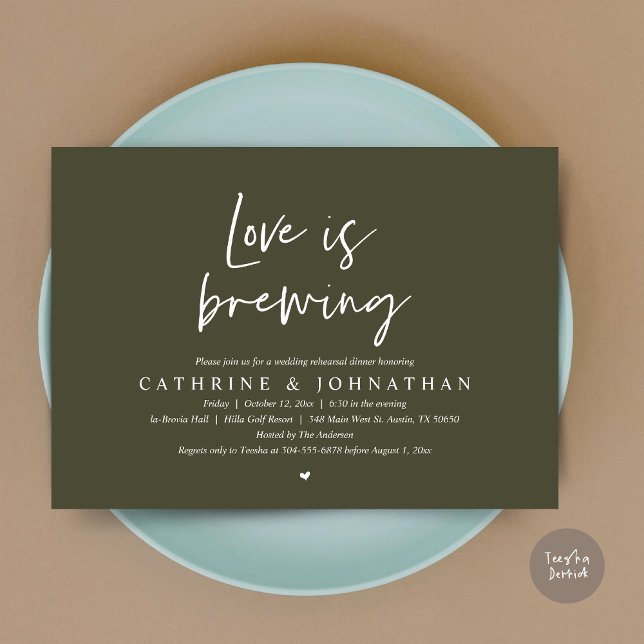 Invitation L'amour brasse, Dîner de répétition Mariage Invita (Love is Brewing, Wedding Rehearsal Invitation Card, pdf, Beer Wine Party, in Olive Green)