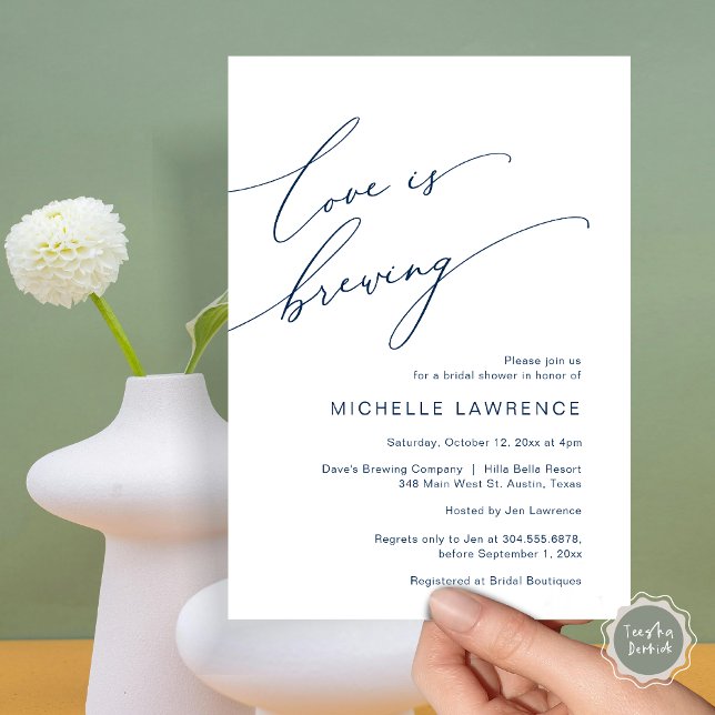 Invitation L'amour brasse, fête de la Fête des mariées (Love is Brewing, Bridal Shower Party Celebration Invitation Card, PDF, Navy Blue)