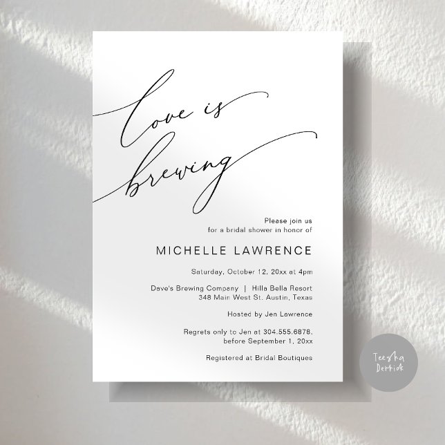 Invitation L'amour brasse, fête de la Fête des mariées (Love is Brewing, Bridal Shower Party Celebration Invitation Card, PDF, White Black)