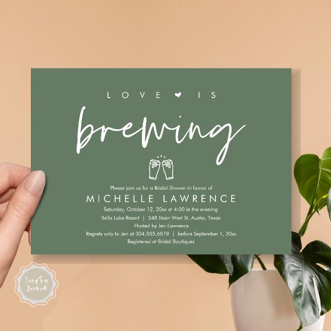 Invitation L'amour brasse, Fête des mariées Décontractée de f (Love is brewing, Modern Casual Romantic Beer Party Bridal Shower Invitation Card, PDF, Sage Green)