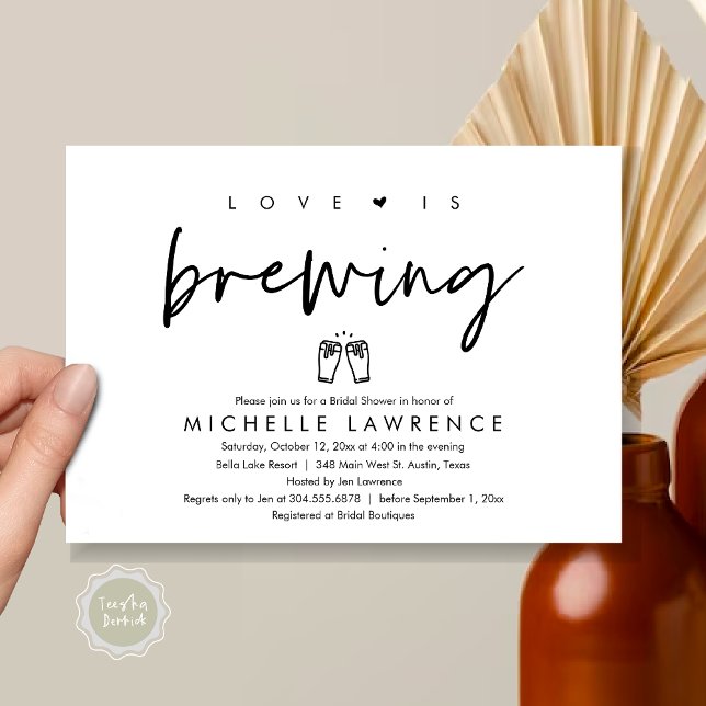 Invitation L'amour brasse, Fête des mariées Décontractée de f (Love is brewing, Modern Casual Romantic Beer Party Bridal Shower Invitation Card, PDF, White Black)