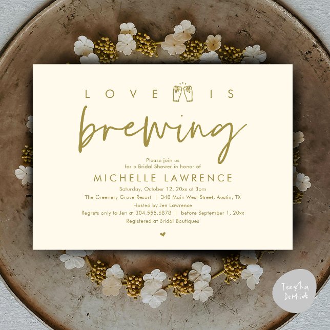 Invitation L'amour brasse, Fête des mariées magnifique fête d (Love is brewing, Gorgeous Bridal Shower Beer Party modern Invitation card pdf in yellow gold)