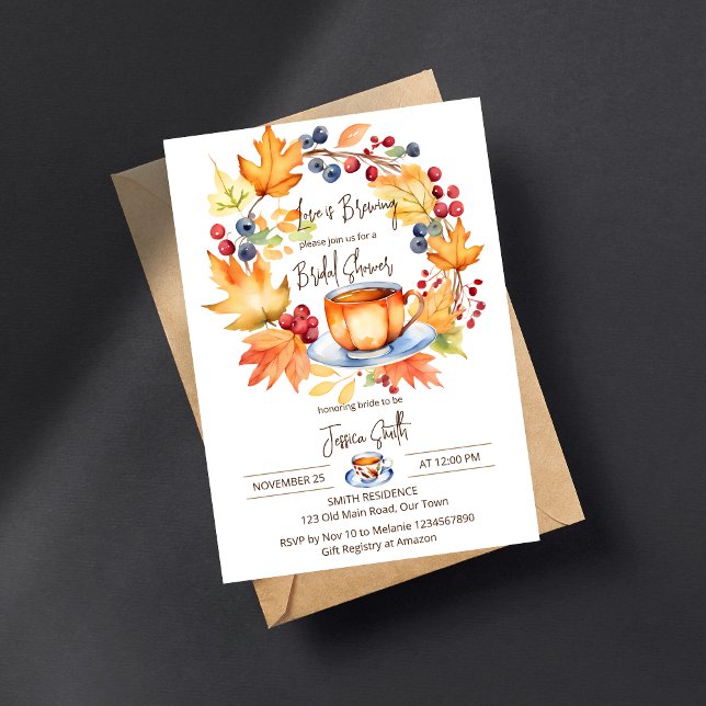 Invitation L'amour brasse l'automne thème modèle de douche nu (Love is brewing fall themed bridal shower tea party template invitation digital download watercolor)