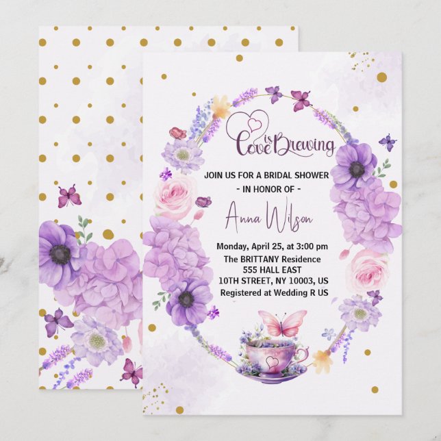 Invitation l'amour brasse lilas Coeur Floral douche nuptiale (Devant / Derrière)