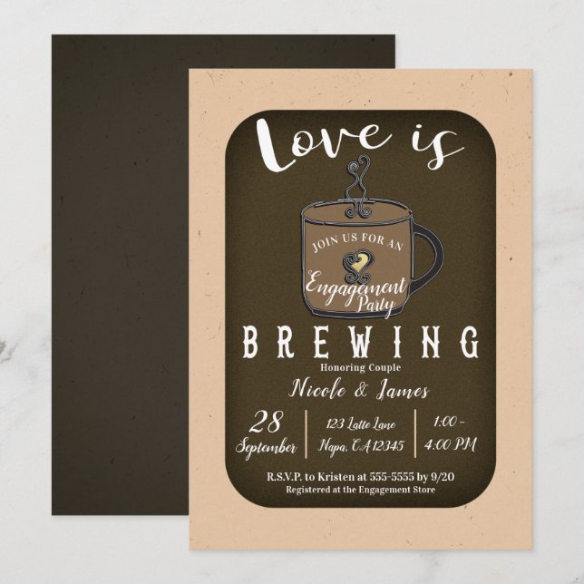 Invitation L'AMOUR, C'EST LE BREWING Café Engagement Party (Devant / Derrière)
