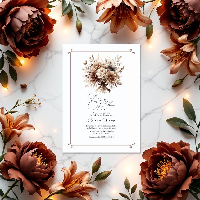 Invitation L'amour dans la Fête des mariées Florale de Bloom  (Love in Bloom Mocha Mousse Floral Bridal Shower Invitation)