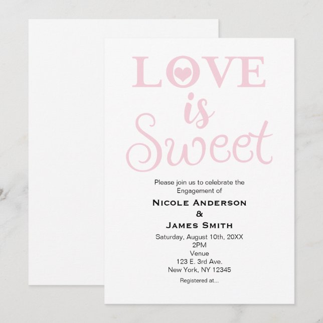 Invitation L'AMOUR EST DOUX Moderne Rose et Blanc Engagement (Devant / Derrière)