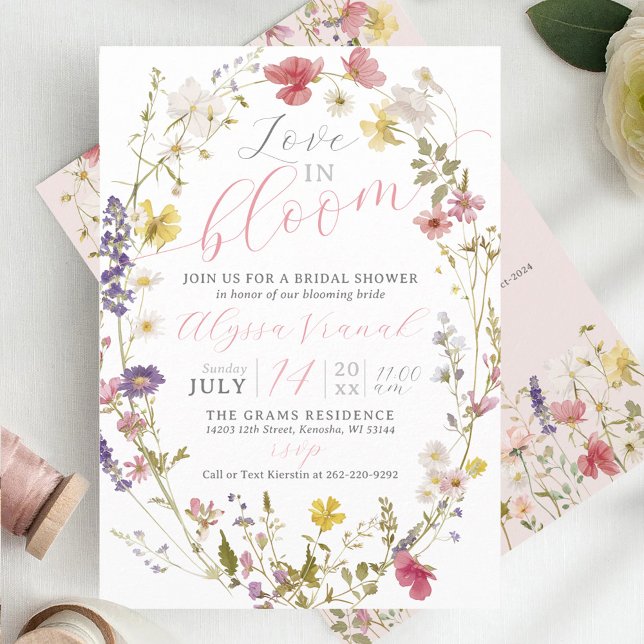 Invitation L'Amour Est En Fleur Fleur sauvage Garden Fête des (Trendy modern cute Love is in Bloom wildflower pink floral garden wedding bridal shower invitation)