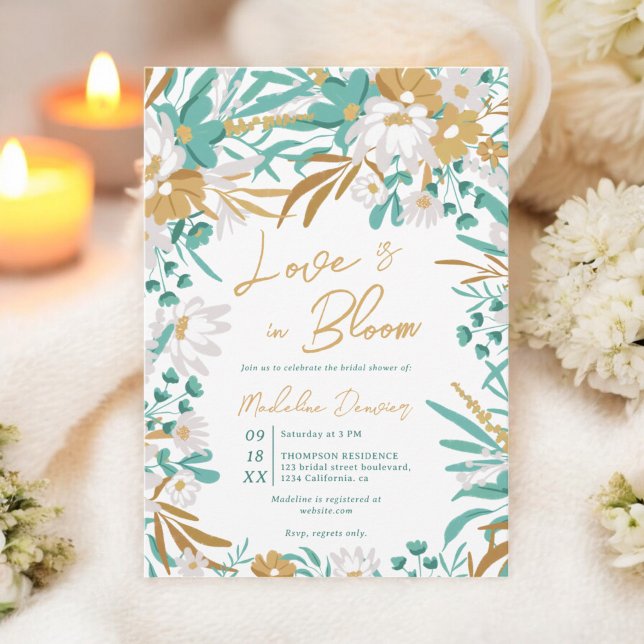 Invitation L'amour est en fleur Turquoise Gold Floral Fête de (Love is in bloom Teal Gold Floral Bridal Shower Invitation)