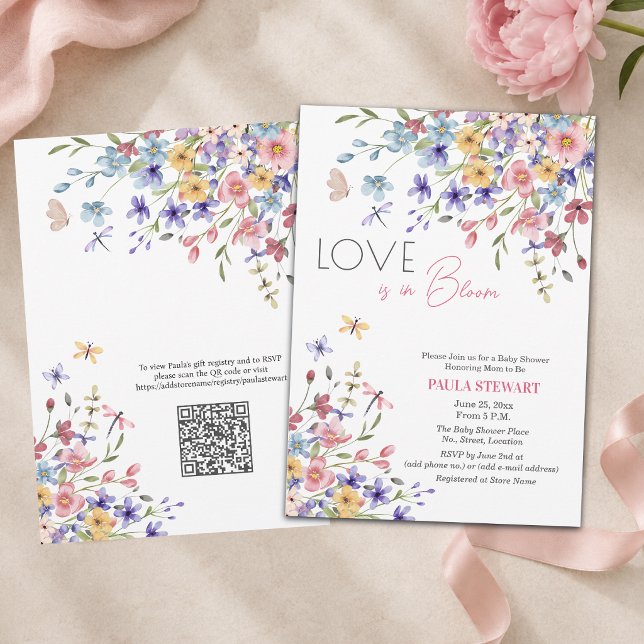 Invitation L'amour est en fleurs Code QR Baby Shower Rose (Créateur téléchargé)
