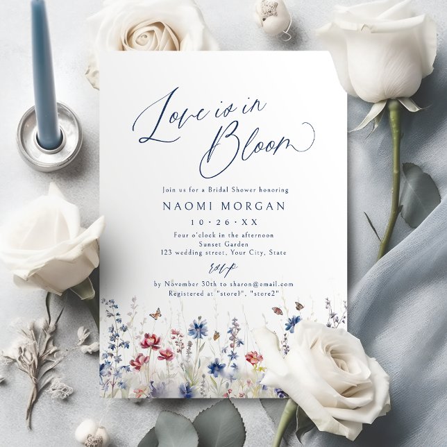 Invitation L'amour est en fleurs Fête de mariage champêtre ma (Love is in Bloom Navy Wildflower Bridal Shower Invitation)