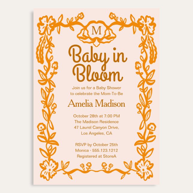 Invitation L'amour est en fleurs rétro script floral Baby Sho (Créateur téléchargé)