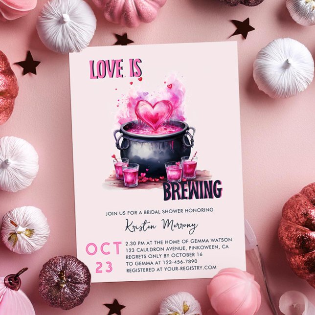 Invitation L'amour est en train de brasser un chaudron de pot (Love is Brewing Pink Halloween Bridal Shower Invitation by Darling & May)