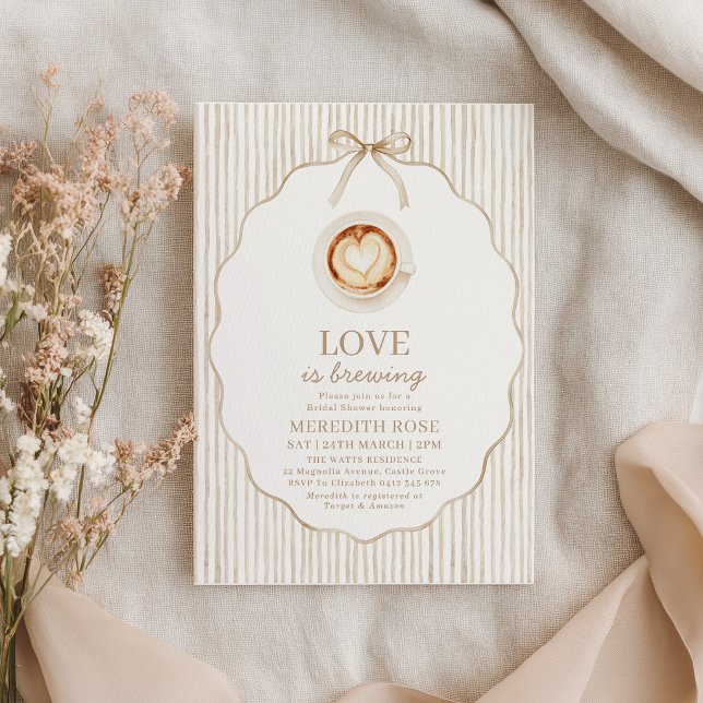 Invitation L'amour est en train de préparer du café Salle de  (Love is Brewing! Coffee themed Baby Shower Invitation with brown stripes)
