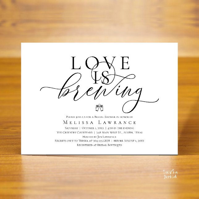 Invitation L'amour est en train de préparer une élégante fête (Love Is Brewing Modern Classy Elegant Script Bridal Shower Invitation Card in Black and White)