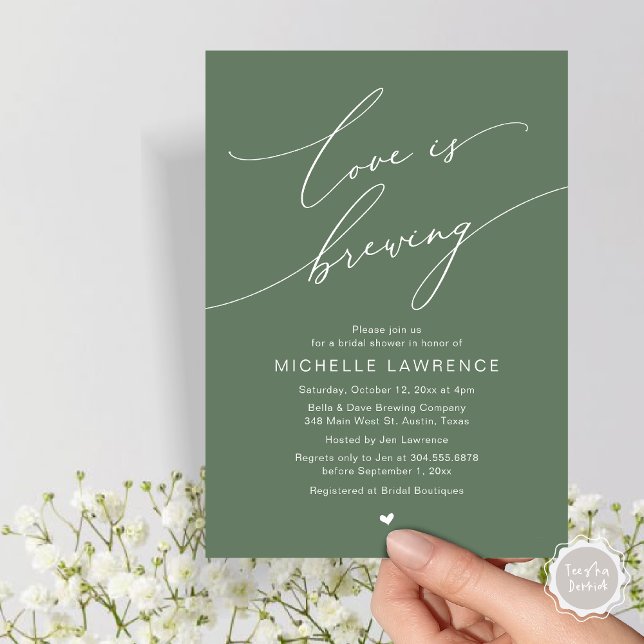 Invitation L'amour est en train de se faire, Célébration de f (Love is Brewing, Bridal Shower Beer Party Wine Tasting Invitation Card PDF Contemporary Sage Green)