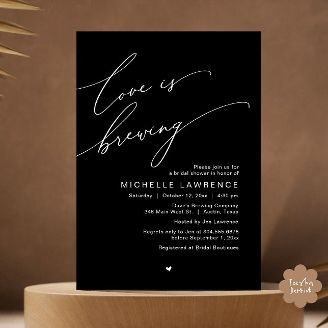 Invitation L'amour est en train de se faire, Célébration de f (Love is Brewing, Bridal Shower Party Beer Wine Tasting Romantic Invites Card Charm Classy Black)