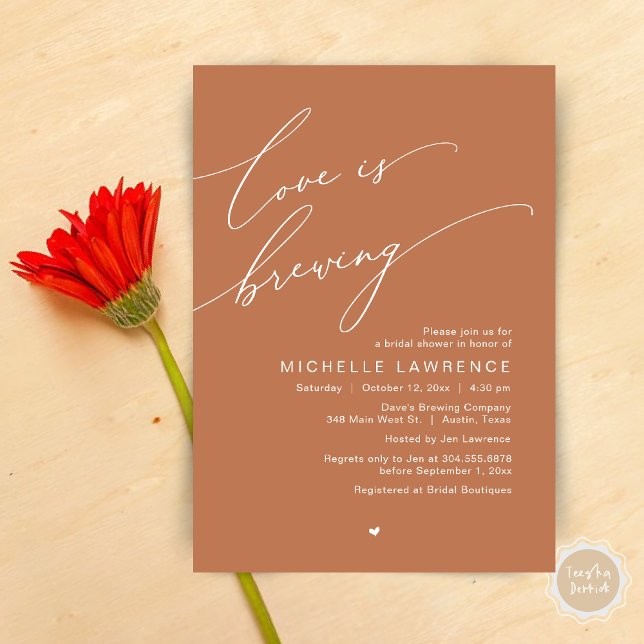 Invitation L'amour est en train de se faire, Célébration de f (Love is Brewing, Bridal Shower Party Beer Wine Tasting Romantic Invites Card Charm Copper Brown)