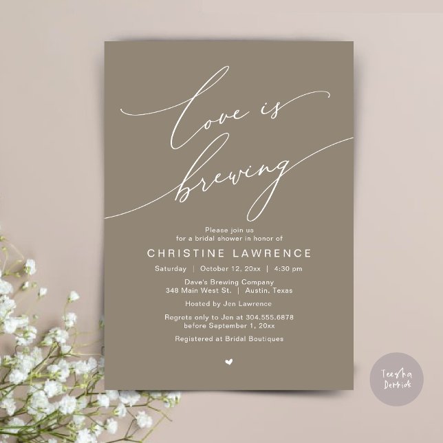 Invitation L'amour est en train de se faire, Célébration de f (Love is Brewing, Bridal Shower Party Beer Wine Tasting Romantic Invites Card Charm Neutral Taupe)