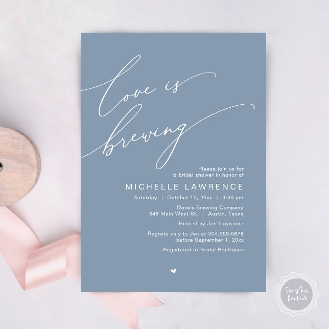 Invitation L'amour est en train de se faire, Célébration de f (Love is Brewing, Bridal Shower Party Beer Wine Tasting Romantic Invites Card Charm Dusty Blue)