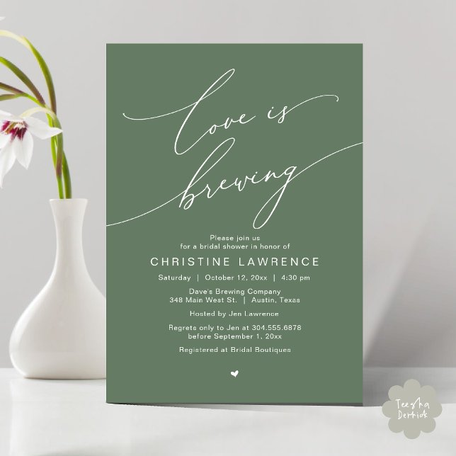 Invitation L'amour est en train de se faire, Célébration de f (Love is Brewing, Bridal Shower Party Beer Wine Tasting Romantic Invites Card Charm Rustic Sage Green)