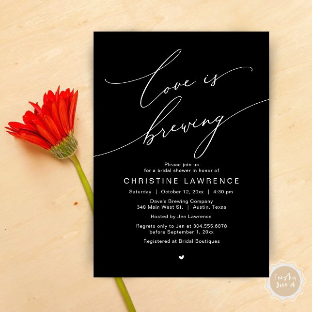 Invitation L'amour est en train de se faire, Célébration de f (Love is Brewing, Bridal Shower Party Beer Wine Tasting Romantic Invites Card Charm Classy Black)